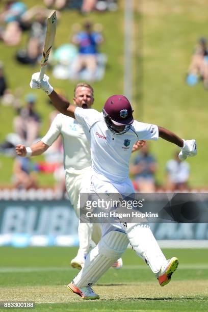 Neil Wagner of New Zealand celebrates after taking the wicket of Shimron Hetmyer of the West Indies during day one of the Test match series between...