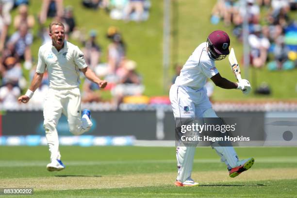 Neil Wagner of New Zealand celebrates after taking the wicket of Shimron Hetmyer of the West Indies during day one of the Test match series between...