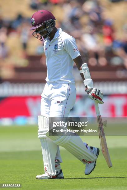 Kraigg Brathwaite of the West Indies leaves the field after being dismissed during day one of the Test match series between the New Zealand Blackcaps...
