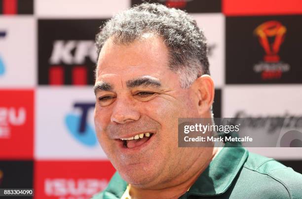 Australia coach Mal Meninga talks to media before an Australian Kangaroos training session at Suncorp Stadium on December 1, 2017 in Brisbane,...