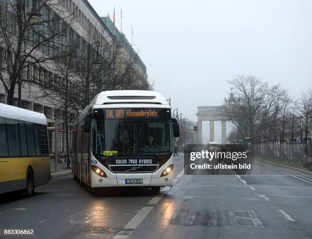 Berlin, Unter den Linden, im Hintergrund das Brandenburger Tor, Testbus auf der Linie TXL, Berliner Verkehrsbetriebe , der Hybrid-Gelenkbus Volvo...