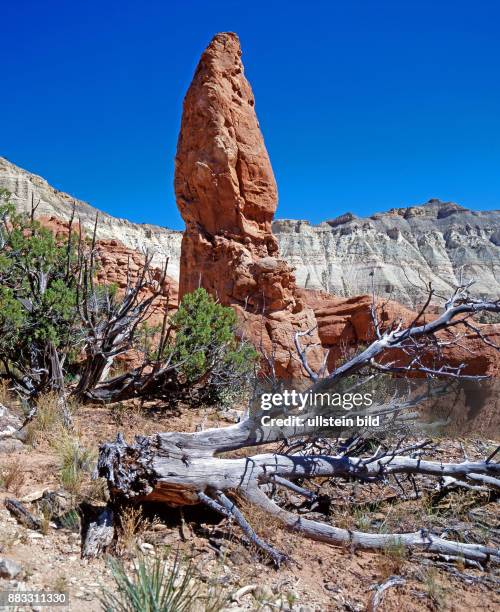 Die farbigen Erosionsfelsen in der wuestenhaften Trockenlandschaft des Kodachrome Basin State Parks, die an den farbsatten Kodakchrome-Diafilm...