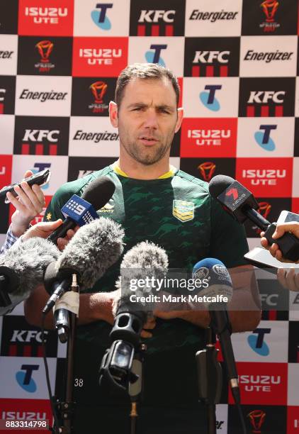 Kangaroos captain Cameron Smith talks to media before an Australian Kangaroos training session at Suncorp Stadium on December 1, 2017 in Brisbane,...