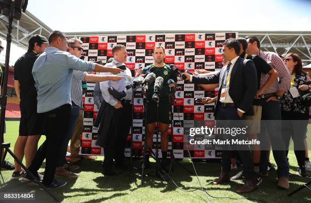 Kangaroos captain Cameron Smith talks to media before an Australian Kangaroos training session at Suncorp Stadium on December 1, 2017 in Brisbane,...