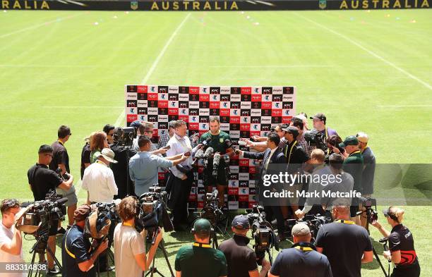 Kangaroos captain Cameron Smith talks to media before an Australian Kangaroos training session at Suncorp Stadium on December 1, 2017 in Brisbane,...