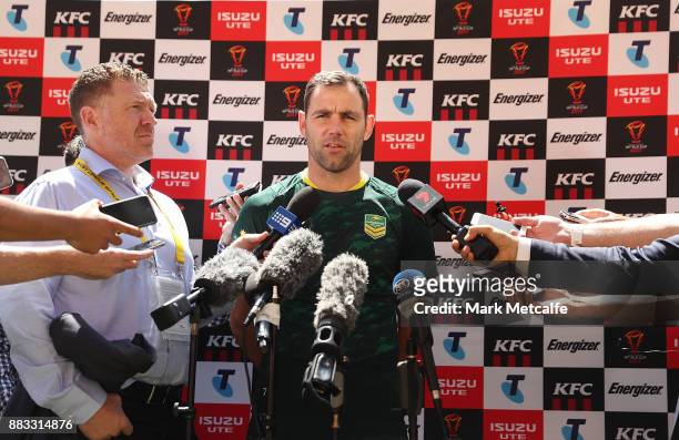 Kangaroos captain Cameron Smith talks to media before an Australian Kangaroos training session at Suncorp Stadium on December 1, 2017 in Brisbane,...