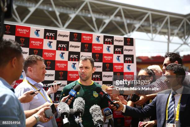 Kangaroos captain Cameron Smith talks to media before an Australian Kangaroos training session at Suncorp Stadium on December 1, 2017 in Brisbane,...
