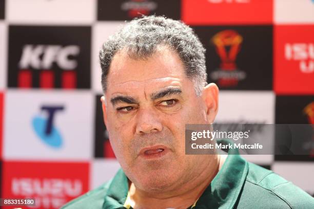 Australia coach Mal Meninga talks to media before an Australian Kangaroos training session at Suncorp Stadium on December 1, 2017 in Brisbane,...