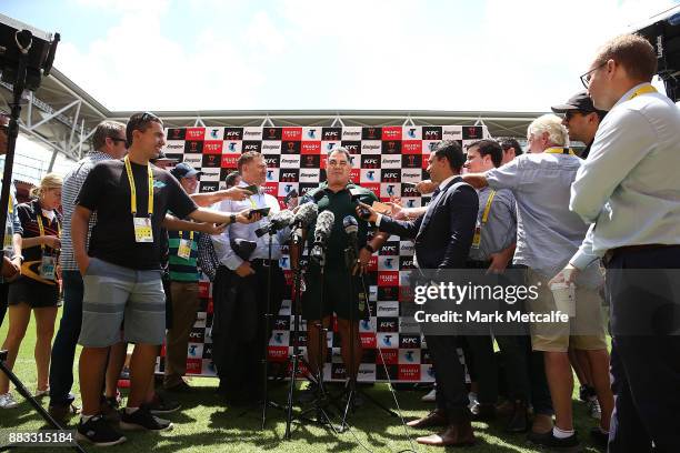 Australia coach Mal Meninga talks to media before an Australian Kangaroos training session at Suncorp Stadium on December 1, 2017 in Brisbane,...