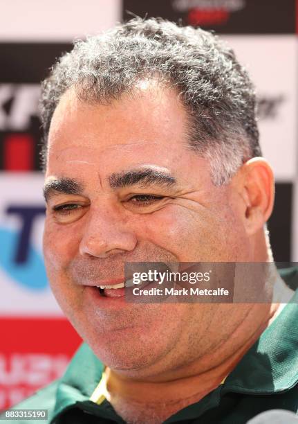 Australia coach Mal Meninga talks to media before an Australian Kangaroos training session at Suncorp Stadium on December 1, 2017 in Brisbane,...