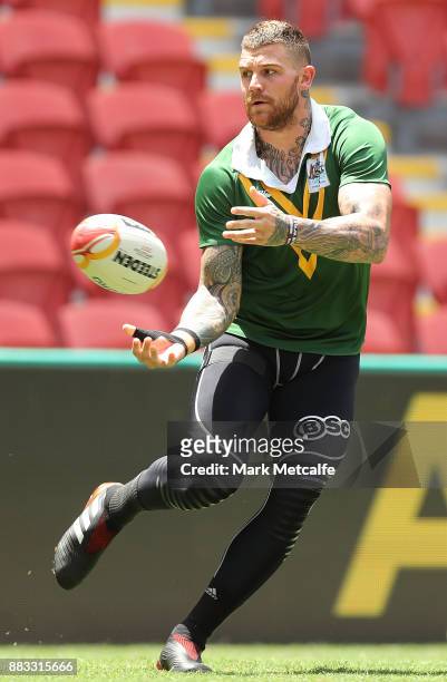 Josh Dugan of Australia passes during an Australian Kangaroos training session at Suncorp Stadium on December 1, 2017 in Brisbane, Australia.