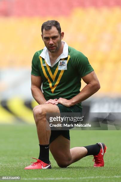 Cameron Smith stretches during an Australian Kangaroos training session at Suncorp Stadium on December 1, 2017 in Brisbane, Australia.