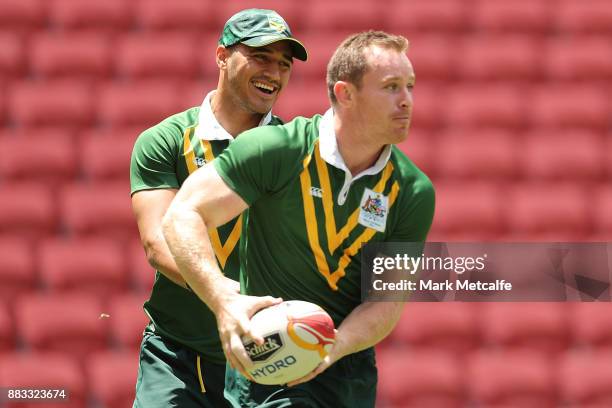 Valentine Holmes of Australia smiles during an Australian Kangaroos training session at Suncorp Stadium on December 1, 2017 in Brisbane, Australia.