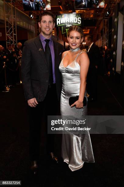 Driver Denny Hamlin and his girlfriend Jordan Fish attend the Monster Energy NASCAR Cup Series awards at Wynn Las Vegas on November 30, 2017 in Las...