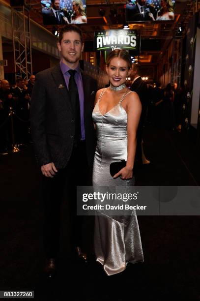 Driver Denny Hamlin and his girlfriend Jordan Fish attend the Monster Energy NASCAR Cup Series awards at Wynn Las Vegas on November 30, 2017 in Las...