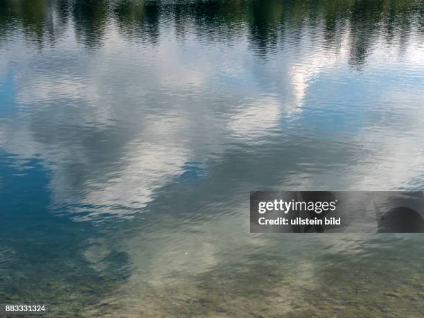 Himmel und Wolken spiegeln sich in einem See.