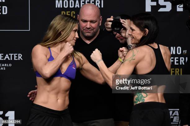 Barb Honchak and Lauren Murphy face off during the TUF Finale weigh-in inside Park Theater on November 30, 2017 in Las Vegas, Nevada.