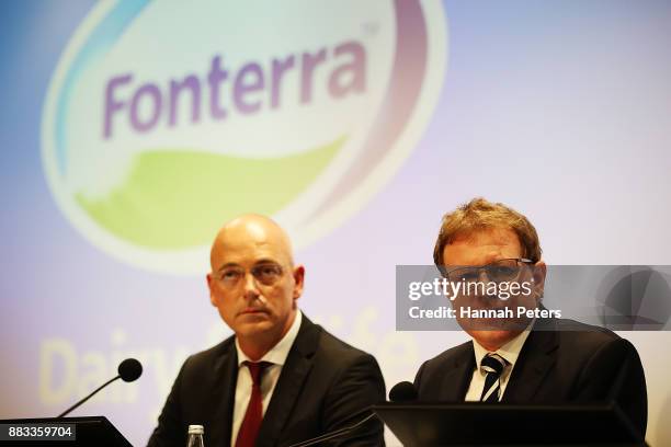 Fonterra's CEO, Theo Spierings and Fonterra's Chairman John Wilson speak to the media on December 1, 2017 in Auckland, New Zealand. Fonterra has been...