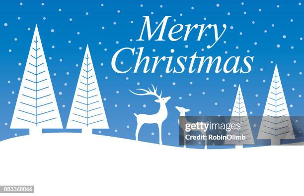 weihnachtsbäume und rentiere gegen einen blauen himmel schneien - zwei tiere stock-grafiken, -clipart, -cartoons und -symbole