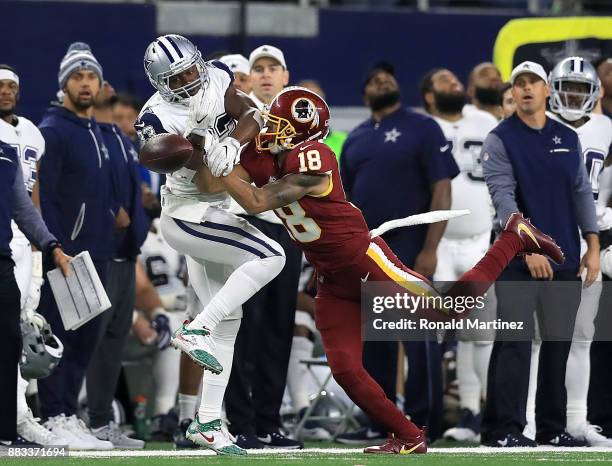 Chidobe Awuzie of the Dallas Cowboys breaks up a pass intended for Josh Doctson of the Washington Redskins in the first half of a football game at...