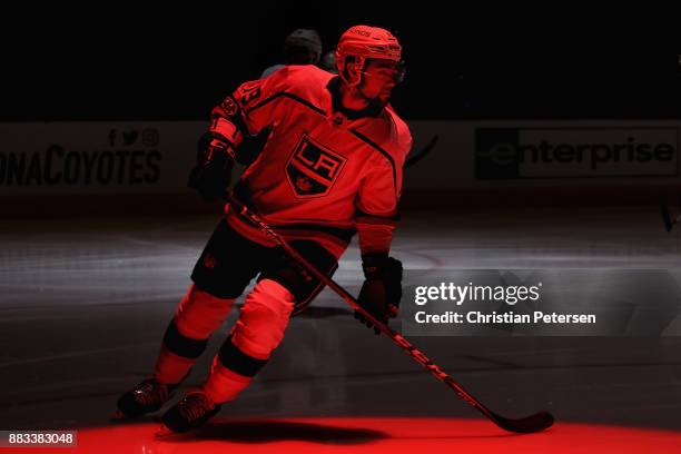 Alex Iafallo of the Los Angeles Kings skates on the ice before the NHL game against the Arizona Coyotes at Gila River Arena on November 24, 2017 in...