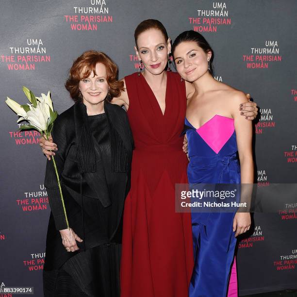 Blair Brown, Uma Thurman and Phillipa Soo attend the broadway opening night of "The Parisian Woman" at The Hudson Theatre on November 30, 2017 in New...