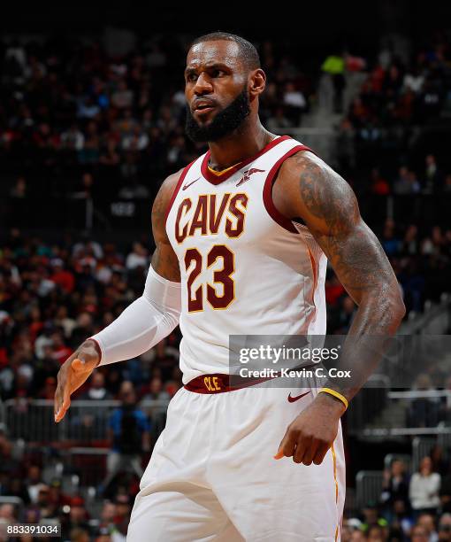 LeBron James of the Cleveland Cavaliers reacts after forcing a jump ball against DeAndre' Bembry of the Atlanta Hawks at Philips Arena on November...