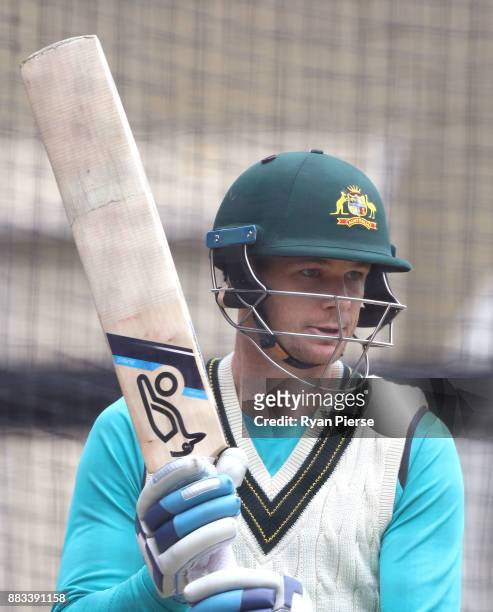 Peter Handscomb of Australia bats during an Australian nets session at Adelaide Oval on December 1, 2017 in Adelaide, Australia.
