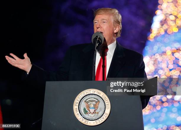 President Donald Trump speaks at the 95th Annual National Christmas Tree Lighting Ceremony in President's Park on November 30, 2017 in Washington, DC.
