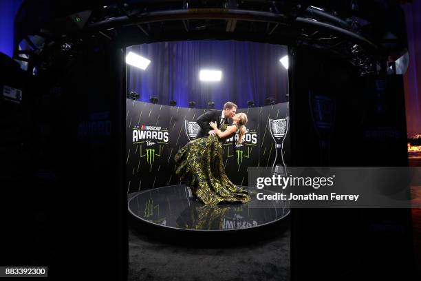 Dale Earnhardt Jr. Shares a moment with his wife Amy following the Monster Energy NASCAR Cup Series awards at Wynn Las Vegas on November 30, 2017 in...