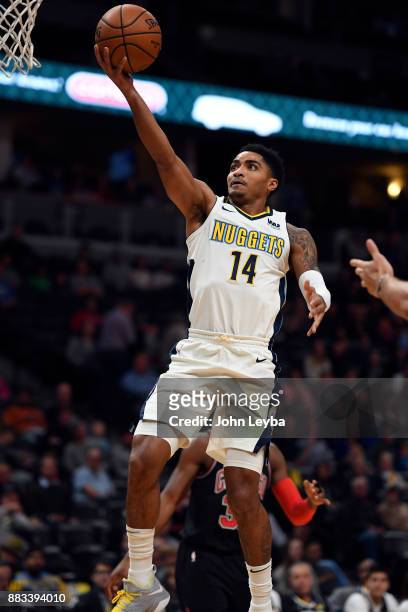 Denver Nuggets guard Gary Harris goes up for a layup during the first quarter against the Chicago Bulls on November 30, 2017 in Denver, Colorado at...