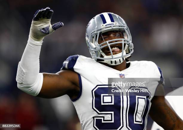 DeMarcus Lawrence of the Dallas Cowboys reacts after a 38-14 win over the Washington Redskins at AT&T Stadium on November 30, 2017 in Arlington,...