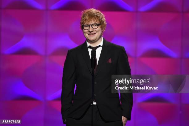 Ed Sheeran speaks onstage at Billboard Women In Music 2017 at The Ray Dolby Ballroom at Hollywood & Highland Center on November 30, 2017 in...