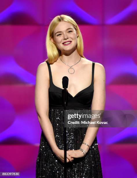 Elle Fanning speaks onstage at Billboard Women In Music 2017 at The Ray Dolby Ballroom at Hollywood & Highland Center on November 30, 2017 in...