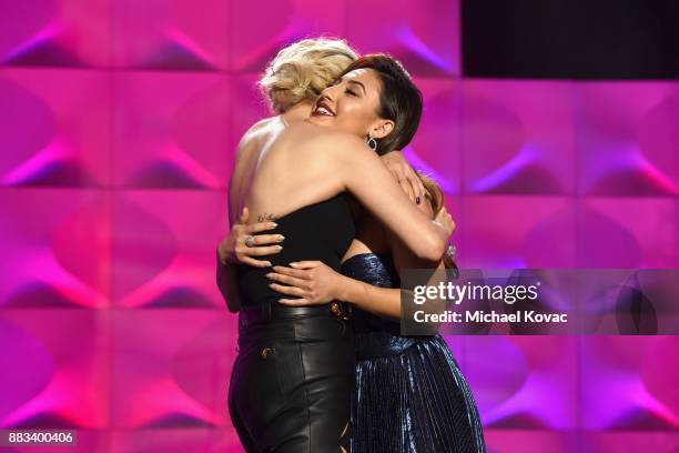 Honoree Selena Gomez Accepts the Woman of the Year Award with Francia Raisa onstage at Billboard Women In Music 2017 at The Ray Dolby Ballroom at...