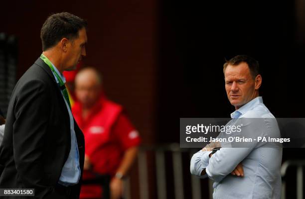 Cricket Australia's CEO James Sutherland talks with High Performance Director Pat Howard during a nets session at the Adelaide Oval, Adelaide.