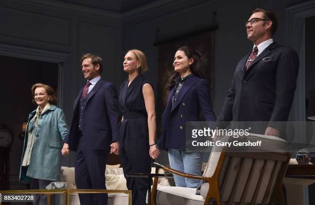 Actors Blair Brown, Josh Lucas, Uma Thurman, Phillipa Soo and Marton Csokas seen on stage during a curtain call at "The Parisian Woman" Broadway...