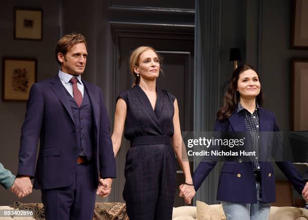 Josh Lucas, Uma Thurman and Phillipa Soo attend the curtain call for "The Parisian Woman" at The Hudson Theatre on November 30, 2017 in New York City.