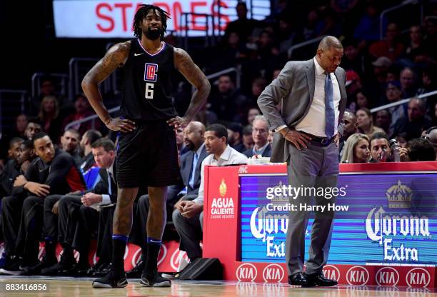 DeAndre Jordan of the LA Clippers and Doc Rivers of the LA Clippers react to a Jordan technical foul during a 126-107 loss to the Utah Jazz at...