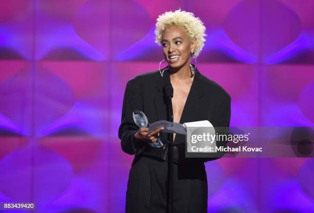 Solange Knowles accepts an award onstage during Billboard Women In Music 2017 at The Ray Dolby Ballroom at Hollywood & Highland Center on November...