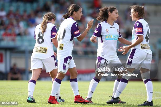 Samantha Kerr of the Glory celebrates scoring a goal during the round six W-League match between the Western Sydney Wanderers and the Perth Glory at...