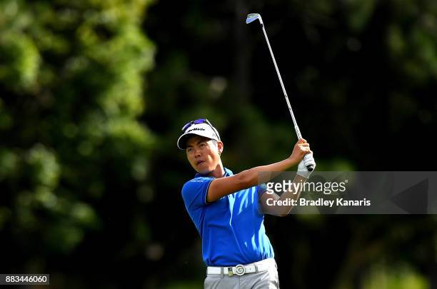 Daniel Im of the USA plays a shot on the 18th hole during day two of the Australian PGA Championship at Royal Pines Resort on December 1, 2017 in...