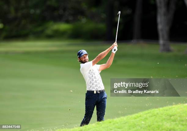 Curtis Luck of Australia plays a shot on the 18th hole during day two of the Australian PGA Championship at Royal Pines Resort on December 1, 2017 in...