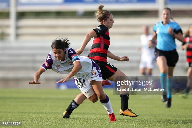 Samantha Kerr of the Wanderers is challenged by Ellie Brush of the Wanderers during the round six W-League match between the Western Sydney Wanderers...
