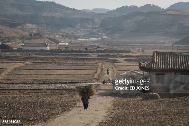 This photo taken on November 22, 2017 shows a general view of houses between Hongwon and Riwon on North Korea's northeast coast. / AFP PHOTO / Ed...