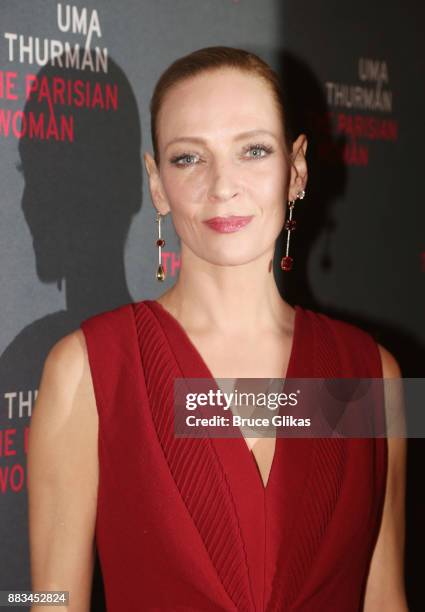 Uma Thurman poses as she makes her broadway debut at The Opening Night Party for "The Parisian Woman" on Broadway at Sardis on November 30, 2017 in...