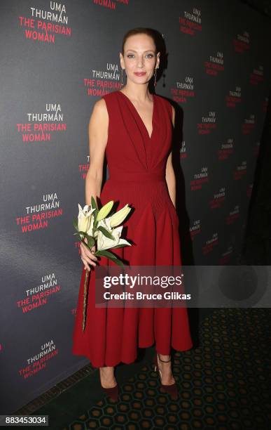 Uma Thurman poses as she makes her broadway debut at The Opening Night Party for "The Parisian Woman" on Broadway at Sardis on November 30, 2017 in...