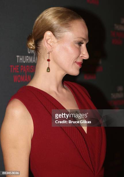 Uma Thurman poses as she makes her broadway debut at The Opening Night Party for "The Parisian Woman" on Broadway at Sardis on November 30, 2017 in...