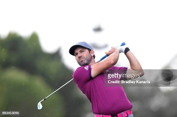 Sergio Garcia of Spain plays a shot on the 18th hole during day two of the Australian PGA Championship at Royal Pines Resort on December 1, 2017 in...