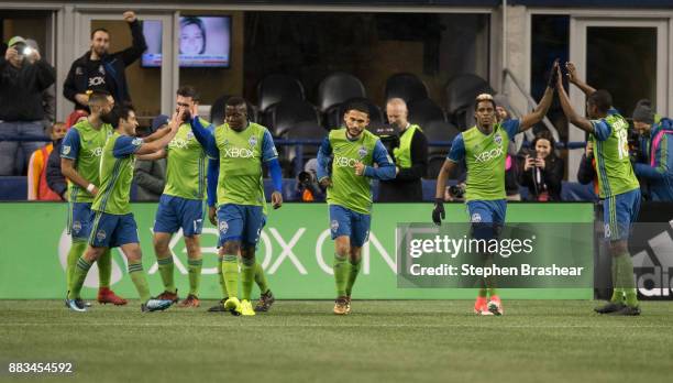 From left, Clint Dempsey of the Seattle Sounders;Nicolas Lodeiro of the Seattle Sounders, Will Bruin of the Seattle Sounders, Nouhou Tolo of the...